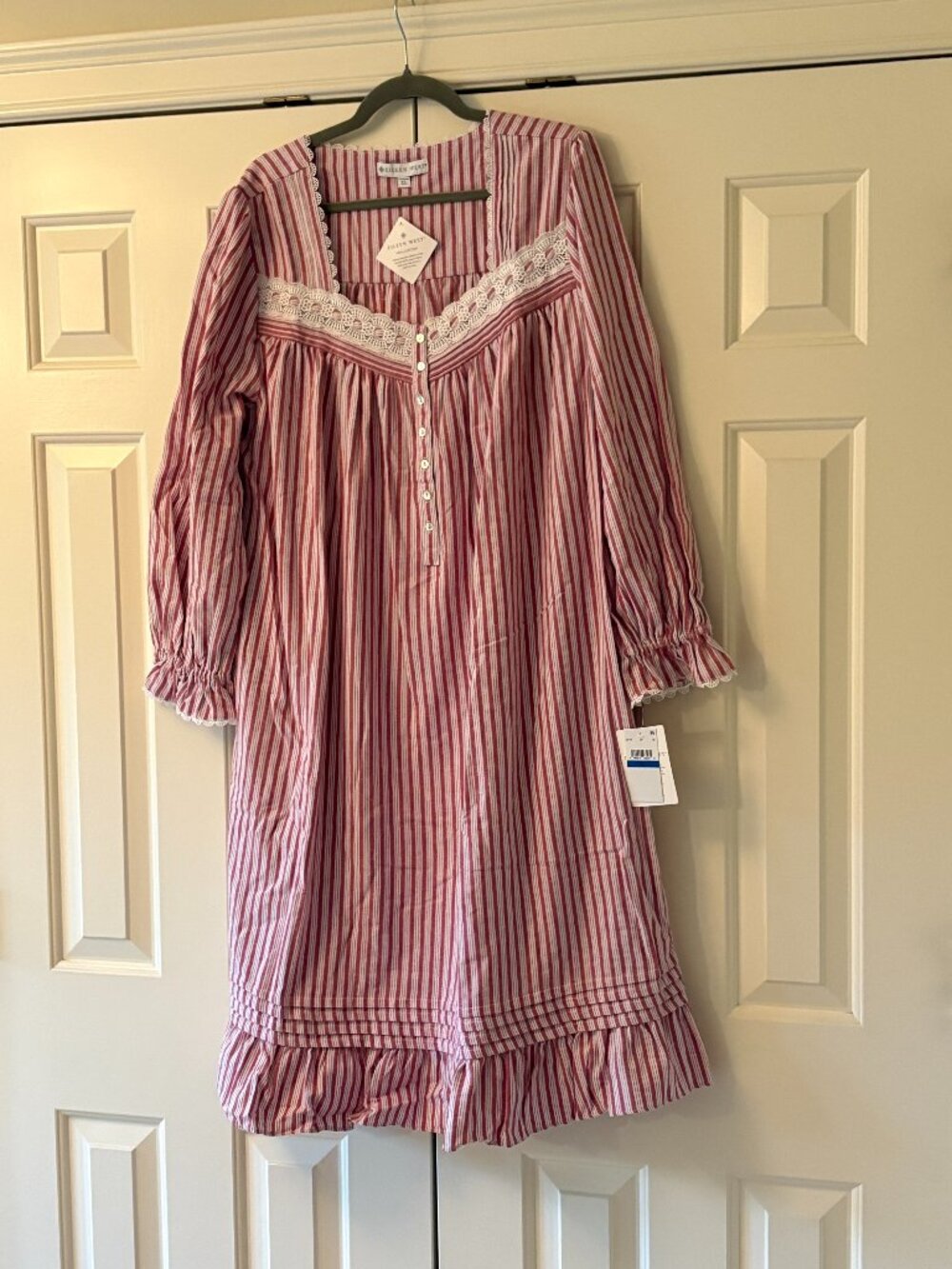 NWT Eileen West Red Berry Ticking Stripe Lace Trim Flannel Nightgown Sz XL